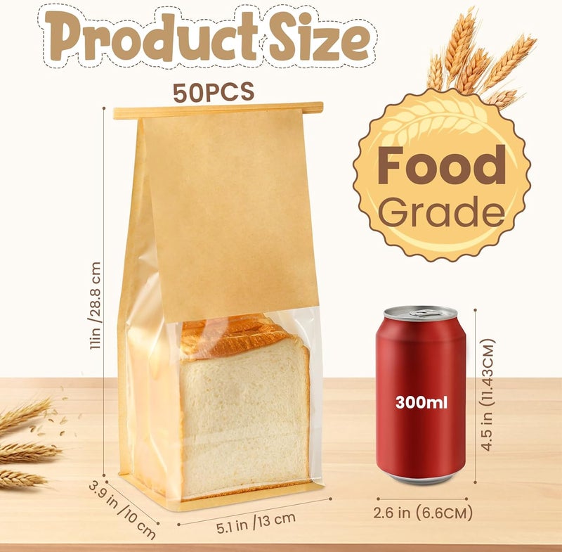 HONKID Bread and Cookie Bags with Seal, 50 Pack 11 x 5.1 x 3.9 Inches Bakery Bags with Window Reusable Tin Tie Tab Lock for Sealed Baked Goods Packaging for Pastry Bagels Breads Goodies Cookie Brown | Brown kraft paper, Transparent window, Food Grade, Stand-up design, Reusable seal, Holds cookie - Image 2